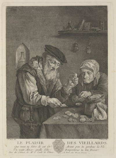 Vanhuuden iloja David Teniers nuoremman maalauksen jälkeen, 1700-luvun puoliväli. tekijältä Pierre François Basan