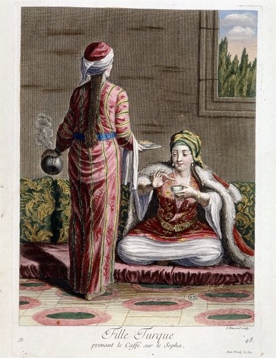 Turkkilainen tyttö juomassa kahvia sohvalla, "" Kokoelma 100 vedosta, jotka edustavat Levantin eri kansoja vuosina 1707 ja 1708"" Porten kuninkaan lähettilään herra de Frriolin käskystä ja päivitetty 1712-13. M. Le Hay, Basan engra tekijältä Pierre François Basan