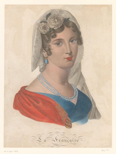 Ranskalainen nainen korvakorulla, jossa on sininen helmi, valkoinen huntu ja ruusuja hiuksissaan La Francaise (otsikko esineessä) tekijältä Pierre François Isidore Dècle
