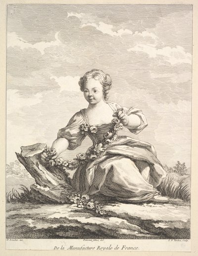 Pikkutyttö, jolla on kukkaseppele, toisesta Figuurikirjasta vuoden 1757 jälkeen. tekijältä Pierre François Tardieu
