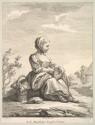 Pieni tyttö pitelee viinirypäleitä ja kori rinnallaan, Deuxième Livre de..., vuoden 1757 jälkeen. tekijältä Pierre François Tardieu