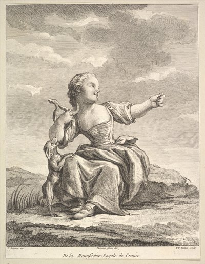 Pieni tyttö leikkii koiran kanssa, toisesta Figuurikirjasta posliinin jälkeen..., vuoden 1757 jälkeen. tekijältä Pierre François Tardieu