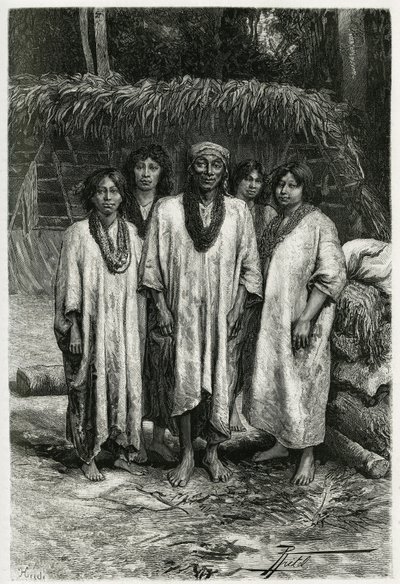 Chief Lacandon ja Lacandon tyypit, mayat, jotka asuvat Chiapasin (Meksiko) viidakoissa. P. Fritelin kaiverrus havainnollistamaan tarinaa "" Matka Yucataniin ja Lacandonien maahan"", vuonna 1882, Desire Charnayn (1828-1915) arkeologi ja valokuvaaja tekijältä Pierre Fritel