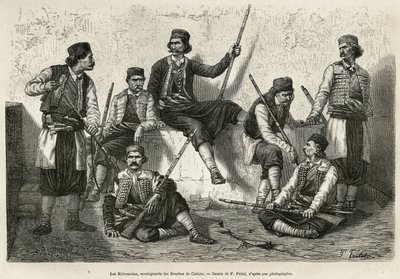 Krivoscianit, Bouches de Cattaron (tai Kotorin lahden Montenegron etelärannikolla) vuorikiipeilijät, aseet vastustamaan Itävallan joukkojen tunkeutumista. Kaiverrus P. Fritelin piirustuksen jälkeen, havainnollistamaan matkaa Dalmatiaan, kirjoittanut C tekijältä Pierre Fritel