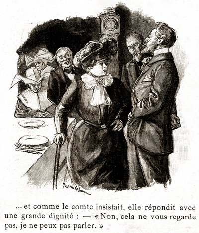 "Boule de Suif": Elisabeth Rousset kieltäytyy vastaamasta kreiville, 1900-luvun alku (kuvitus). tekijältä Pierre Georges Jeanniot