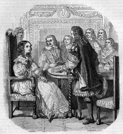 Kuningatar Christine of Suede (1626-1689) vierailu Academy Francaisessa Pariisissa kardinaali Richelieun G. Staalin kaiverruksen läsnä ollessa tekijältä Pierre Gustave Eugene Staal