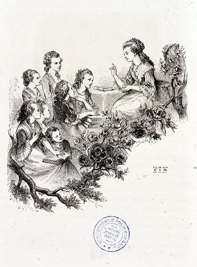 Nuori taloudenhoitaja kertomassa tarinaa ryhmälle lapsia - rouva Leprince de Beaumontin teoksessa Le magasin des enfants, ill. Staal, Garnier tekijältä Pierre Gustave Eugene Staal