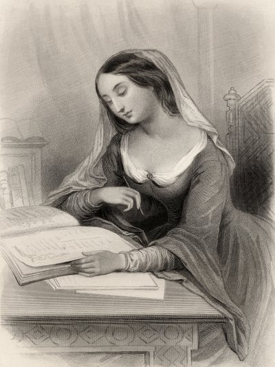 Heloisen (1101-60) kuvitus Mary Cowden Clarken teoksesta "Maailman tunnetut naiset", 1858 tekijältä Pierre Gustave Eugene Staal