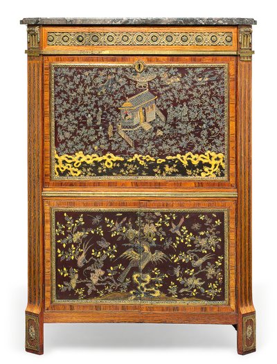 Louis XVI Secretaire a Abatant, 1700-luvun lopulla (marmori, nahka, ormolu-kiinnitetty kuningaspuu, tulppaanipuu, amarantti, helmiäisuurteinen kiinalainen lakka ja japanilainen lakka) (katso myös 3479849) tekijältä Pierre Harry Mewesen