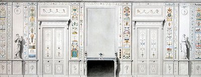 Suunnittelu salonkiin (liitu, tussi, akvarelli ja vartaloväri paperille) tekijältä Pierre II Rousseau