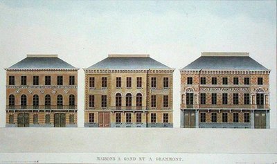 Gentin ja Grammontin talot, Belgia, Pierre Jacques Goetghebuerin "Choix des Monuments, Edifices et Maisons les plus remarquables du Royaume des Pays-Bas", julkaistu 1827 (akvatintta). tekijältä Pierre Jacques (after) Goetghebuer