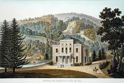Chateau of Juslenville, lähellä Spata, Pierre Jacques Goetghebuerin "Alankomaiden kuningaskunnan merkittävimpien monumenttien, rakennusten ja talojen valinta", julkaistu 1827 (akvatinta) tekijältä Pierre Jacques Goetghebuer