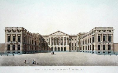 Palace of the Estates General, Bryssel, Pierre Jacques Goetghebuerin "Alankomaiden kuningaskunnan merkittävimpien monumenttien, rakennusten ja talojen valinta", julkaistu 1827 (akvatinta) tekijältä Pierre Jacques Goetghebuer