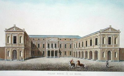 Palais Royal, Haag, Pierre Jacques Goetghebuerin teoksesta "Alankomaiden kuningaskunnan merkittävimpien monumenttien, rakennusten ja talojen valinta", julkaistu 1827 (akvatinta) tekijältä Pierre Jacques Goetghebuer