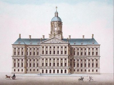 Amsterdamin kuninkaallinen palatsi, Pierre Jacques Goetghebuerin "Alankomaiden kuningaskunnan merkittävimpien monumenttien, rakennusten ja talojen valinta", julkaistu 1827 (akvatinta) tekijältä Pierre Jacques Goetghebuer
