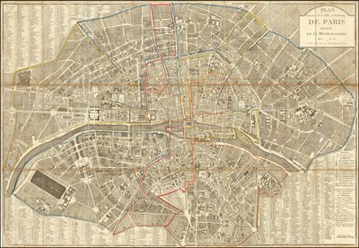 Kartta vuodelta 1802 - Plan Routier de la Ville et Faubourg de Paris Divise en 12 Municipalities (Pariisin kaupungin- ja kaupunginosien kartta) tekijältä Pierre Jean