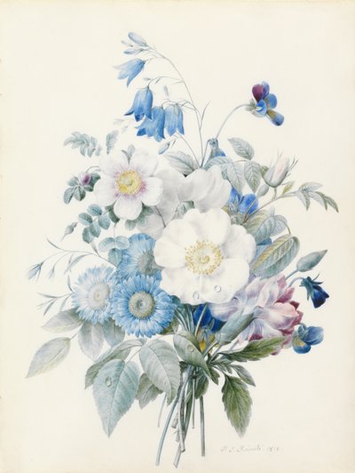 Sinisiä astereja, rosa spinosissima (hybridi), harebell, orvokkeja, neilikka ja villiruusu. tekijältä Pierre Joseph Redouté