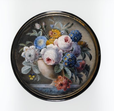 Kilpikonnankuorilaatikko, jossa on miniatyyri kukkia kivimaljakossa marmorilaatalla, 1827 (wc ja vartalon väri kortilla, lasin alla kullatussa metallissa) tekijältä Pierre Joseph Redouté