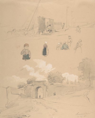 Tutkimusarkki, jossa on hahmoja ja maisemia Arnemuidenissa lähellä Middelburgia..., 1800-luvun puoliväli. tekijältä Pierre Louis Dubourcq