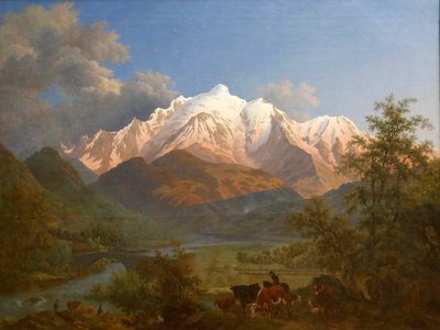 Näkymä Mont-Blancille Sallanchesista hämärässä tekijältä Pierre Louis de La Rive