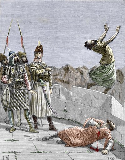 Idän ismaililahko tai murhaajat, jonka perusti Hassan ibn al-Sabbah (1036-1124), joka tunnetaan Vuoren vanhana miehenä", edustaja käski kahta fanaattisista seuraajistaan tappamaan itsensä, Alamut, Persia, noin 1096" (Nizari) Ismailismi: Hassanin edustus tekijältä Pierre Mejanel