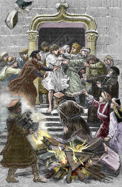 Sokinianismi ja pieni puolalainen kirkko: Krakovan asukkaat polttavat Faustus Socinuksen (Faust Socin tai Fausto Sozzini) (1539-1604) teoksia julkisella aukiolla pakottaen hänet osallistumaan autodafeen vuonna 1598 (sosiinilaisuus ja puolalaiset veljet: tekijältä Pierre Mejanel