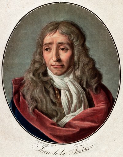 Jean de La Fontainen (Lafontaine) (1621-1695) muotokuva, Pierre Michel Alixin (1762-1817) ranskalainen runoilija Ambroise Louis Garnereyn (1783-1857) kaiverrus tekijältä Pierre Michel Alix