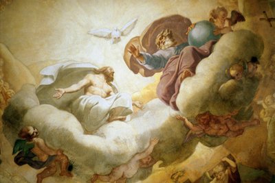 Yksityiskohta Pyhää Kolminaisuutta kuvaavan kupolin sisäpuolen maalauksesta, 1663-65 fresko katso myös 252650 tekijältä Pierre Mignard