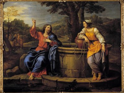 Jeesus ja samarialainen Jeesus lepäämään istuva tapaa samarialaisen, joka tuli ammentamaan vettä ja pyytää häntä juomaan. Pierre Mignardin (1612-1695) maalaus 1600-luvulta Raleigh, taidemuseo tekijältä Pierre Mignard