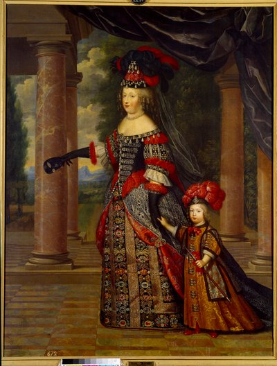 Muotokuva Itävallan Marie Theresestä, Ranskan kuningattaresta (1638 - 1683) ja Suuresta delfiinistä. Pierre Mignardin (1612-1695) maalaus tekijältä Pierre Mignard