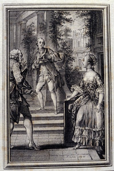 Tietämättä itsevarma tai Stratage - Jean La Fontainen "" Tarinat ja uutiset säkeissä "" 1776. P.P. Choffardin kuvitus. tekijältä Pierre Philippe Choffard