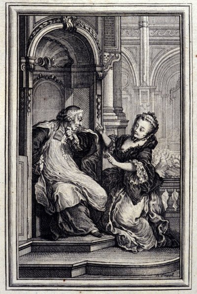 Le Mari tunnustaja - Jean La Fontainen teoksessa "" Tarinoita ja novelleja säkeissä "". 1776. P.P. Choffardin kuvitus. tekijältä Pierre Philippe Choffard