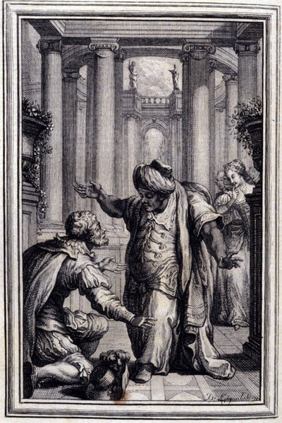 Pieni koira, joka ampuu rahaa ja kiviä - Jean La Fontainen ""Tarinoita ja novelleja säkeissä"" 1776. P.P. Choffardin kuvitus. tekijältä Pierre Philippe Choffard