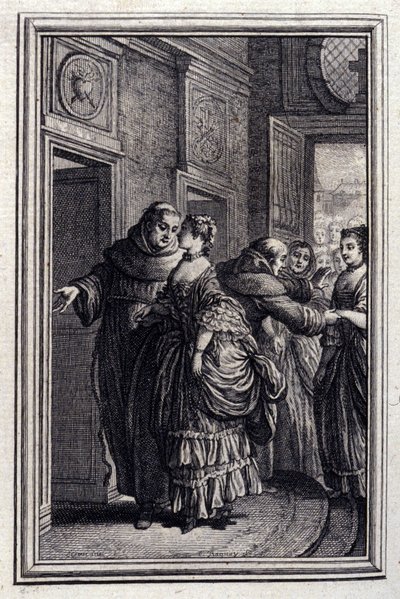 Les Freres de Catalunya - Jean La Fontainen teoksessa "" Tarinoita ja novelleja säkeissä "". 1776. P.P. Choffardin kuvitus. tekijältä Pierre Philippe Choffard