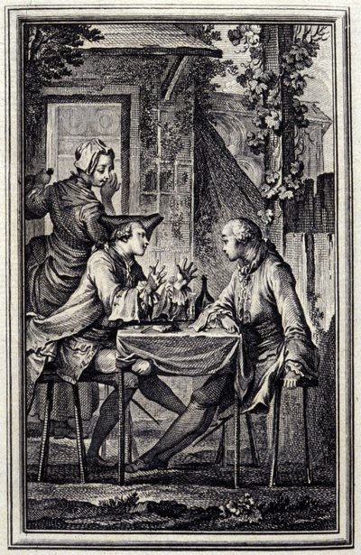 korvatehtaalla tai simpukan raccomoderilla. Teoksessa "Tales et nouvelles en vers", Jean de La Fontaine, Amsterdam 1776. Kuvittanut P.P.Choffard. tekijältä Pierre Philippe Choffard