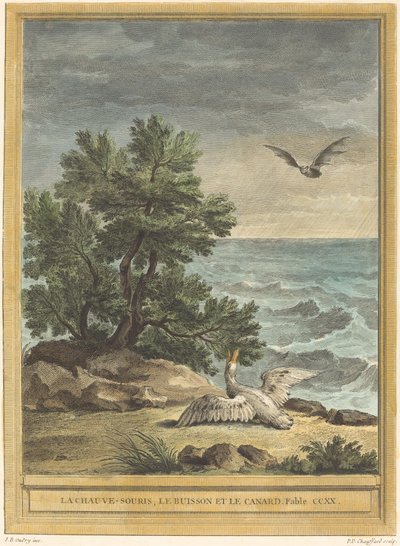 Lepakko, pensas ja ankka tekijältä Pierre Philippe Choffard after Jean Baptiste Oudry