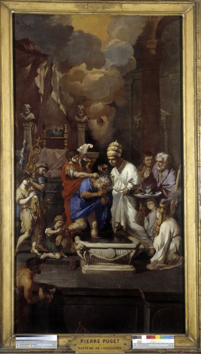 Konstantinuksen kaste: Keisari Caius Flavius Valerius Aurelius Constantinus vastaanottaa sakramentin paavi Sylvester I:ltä (Pyhä) Pyhän Johanneksen Lateranin basilikassa Roomassa tekijältä Pierre Puget