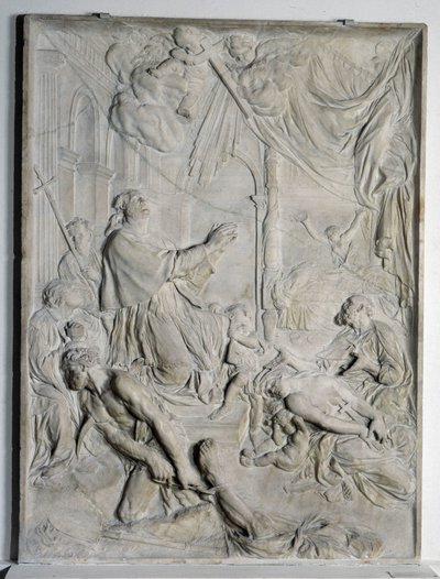 Milanon rutto - Saint Charles Borromee (San Carlo Borromeo) (1538-1584, kardinaali ja Milanon arkkipiispa) rukoilee (marmori) tekijältä Pierre Puget