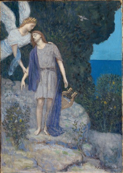 ""Runoilija ja hänen muusansa"" Pierre Puvis de Chavannesin (1824-1898) maalaus 1896 National Museum of Art, Oslo Norja tekijältä Pierre Puvis de Chavannes