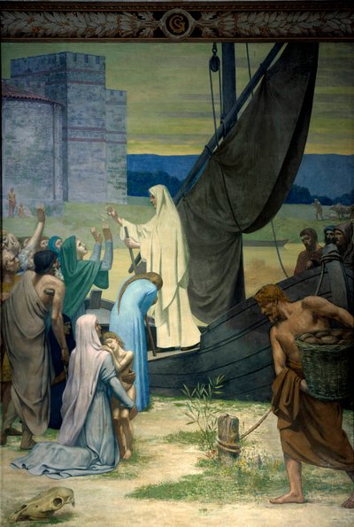 Sainte Genevieve toimittaa hunnien kuninkaan Attilan armeijan piirittämiä pariisilaisia. Pierre Puvis De Chavannesin (1824-1898) fresko 1800-luvun Pariisi. Pantheon tekijältä Pierre Puvis de Chavannes