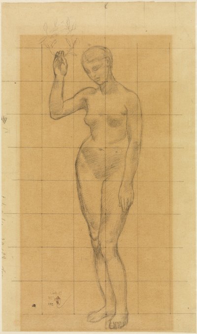 Stehender Frauenakt, schräg nach links, einen Kranz in der erhobenen Rechten tekijältä Pierre Puvis de Chavannes