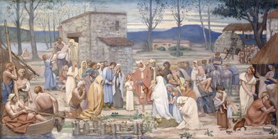 Saint Genevieven lapsuus, 1874 tekijältä Pierre Puvis de Chavannes