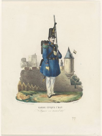Belgische Burgerwacht op wacht, 1830 Kansalaisvartioston 1. Ban / Voltigeur kesämekossa (nimi esineessä) tekijältä Pierre Simonau