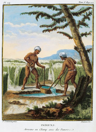 Intia, alkuasukkaat kastelevat peltoja, Pierre Sonneratin Voyage aux Indes et la Chinesta (Matka Intian ja Kiinan halki) tekijältä Pierre Sonnerat