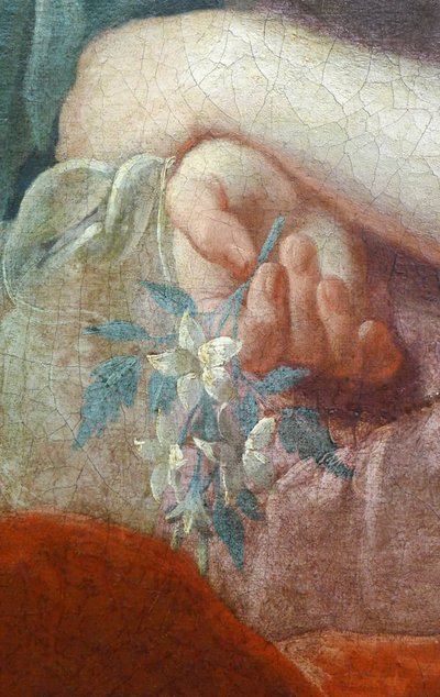 Nuoren naisen käsi, jolla on kukkiva oksa. Yksityiskohta Madame Poulhariexin ja hänen tyttärensä muotokuvasta, noin 1728 (öljy kankaalle) tekijältä Pierre Subleyras
