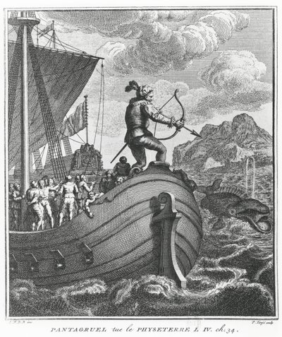 Pantagruel tappaa Physetterin, kuvitus "Gargantua ja Pantagruel", kirjoittanut François Rabelais tekijältä Pierre Tanje