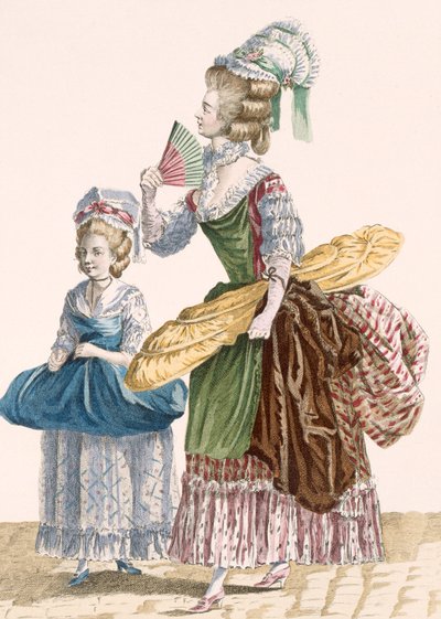 Omtelija ja hänen apulaisensa kantamassa kaupan työkaluja, kaiverrettu Dupin, levy nro 25 julkaisusta "Galeries des Modes et Costumes Francais", n. 1778-1787 (värikaiverrus) 99:vaatteet; perinteinen asu; perinteinen puku; muoti; kuva; c18th; muodikas tekijältä Pierre Thomas (after) Le Clerc