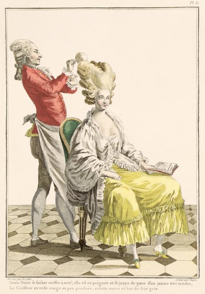 Nuori nainen peignoirissa kampaajan kanssa, levy 31 Galerie des Modes et Costumes Francais