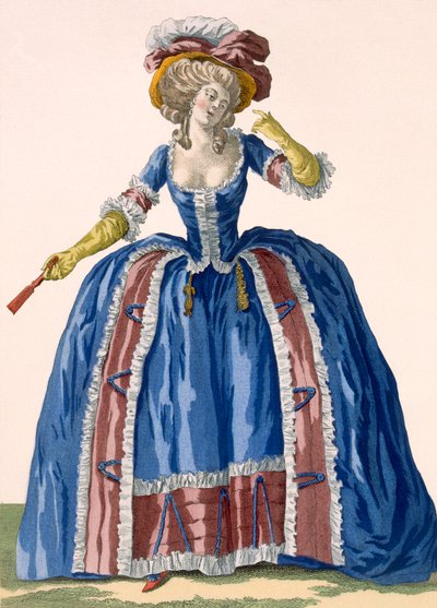 Englantilaistyylinen rengasmekko, sähkönsininen, jossa on viininpunainen hapsullinen reunus, kaiverrettu Bacquoyn kaiverruksella, levy nro 182 teoksesta "Galeries des Modes et Costumes Francais", n. 1778-87 99:vaatteet; tekijältä Pierre Thomas Le Clerc