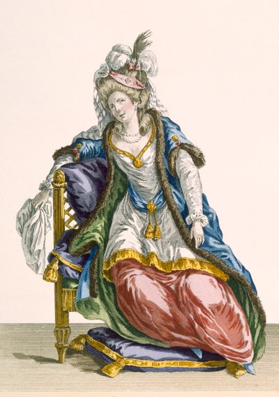 Nainen "Habit a la Sultan", kaiverrettu Patas, levy nro 107 teoksesta "Galeries des Modes et Costumes Francais", n.1778-87 99:vaatetus; perinteinen pukeutuminen; perinteinen puku; muoti; i tekijältä Pierre Thomas Le Clerc